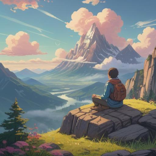 A serene landscape depicting a person meditating on a mountain peak, gentle sunlight filtering through fluffy clouds, symbolizing tranquility and resilience, vivid colors capturing the essence of hope, calming nature elements like flowing water and soft greenery, peaceful expression on the person’s face, 4k