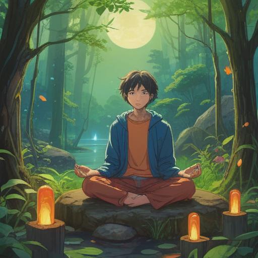A serene and mystical illustration depicting a person sitting in meditation amidst a tranquil nature setting, surrounded by gentle light and ethereal energy, symbols of pain represented as soft, swirling colors, harmonious balance between mind and body, emphasizing the spiritual connection to headaches and back pain, rich natural scenery, calming atmosphere, 4k