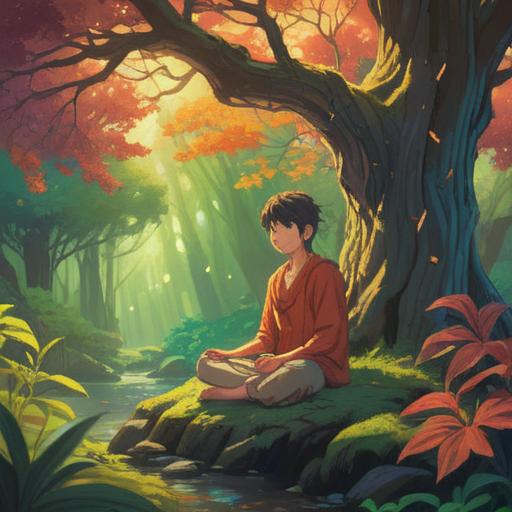 A serene illustration of a person meditating under a tree, gentle light filtering through the leaves, symbols of healing energy surrounding them, aura radiating from their head, calm expression, vibrant colors representing positive energy, ethereal elements, harmonious nature background, 4k