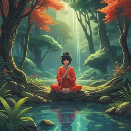 A serene illustration of a meditative person surrounded by nature, gentle streams of light filtering through lush trees, symbols of balance like yin-yang and chakras, peaceful aura, harmonious colors, tranquil atmosphere, detailed background with flowers and calming elements, conveying spiritual healing, 4k