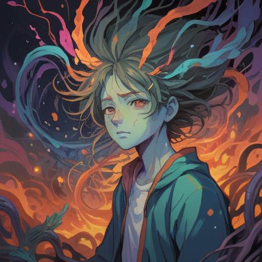 A mystical illustration representing headache and nausea, symbolic elements reflecting spiritual discomfort, ethereal colors and light, flowing abstract forms, a figure meditating amidst swirling energy, serene yet turbulent atmosphere, visual metaphors of inner conflict, tranquility emerging from chaos, 4k