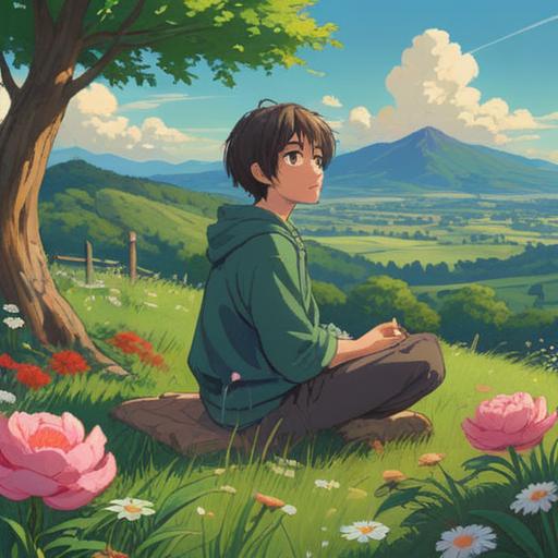 A peaceful scene of meditation in a serene natural landscape, a person sitting cross-legged on a grassy hill, surrounded by blooming flowers and gentle trees, soft sunlight filtering through the leaves, tranquil expressions on the individual, emphasizing harmony between mind and body, calming atmosphere, vibrant colors, nature's beauty, 4k