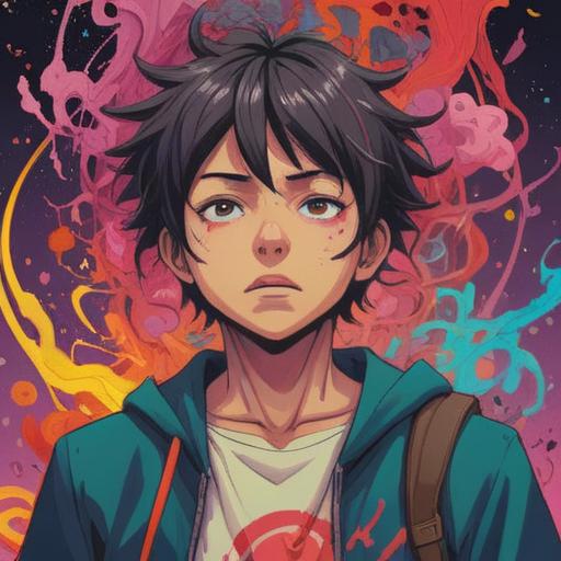 A symbolic representation of a person experiencing a headache and diarrhea, visual metaphors illustrating emotional and spiritual turmoil, abstract elements representing pain and discomfort, contrasting imagery of light and dark, serene surroundings interrupted by chaotic elements, gentle colors blending with stark contrasts, deep emotional expression on the character's face, 4k