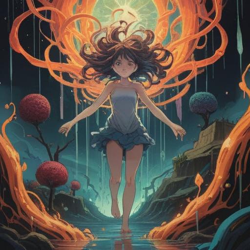 A surreal illustration depicting the spiritual significance of headaches and diarrhea, flowing energy patterns symbolizing release and cleansing, ethereal light surrounding a meditative figure, vibrant colors representing healing, natural elements in harmony, 4k