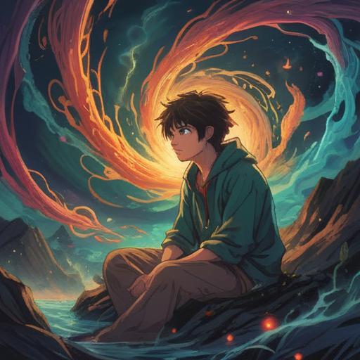 A mystical illustration depicting a person in deep contemplation, surrounded by swirling energy, symptoms of headache and diarrhea represented by ethereal waves, dark clouds above, spiritual symbols illuminating the scene, a serene environment with nature elements, contrasting emotions of distress and awareness, 4k