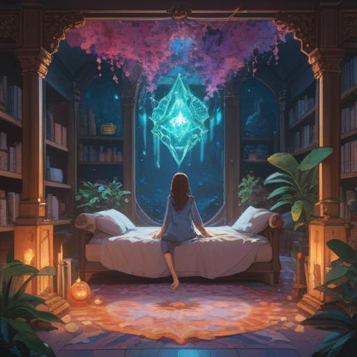 A serene and calming scene depicting spiritual healing with a focus on a healing crystal for alleviating headaches and diarrhea, soft ethereal lighting, a zen-like environment with tranquil colors, the crystal radiating gentle energy, surrounded by soothing natural elements like flowing water and lush greenery, an aura of wellness and relaxation, harmony in nature, 4k