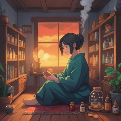 A serene and calming scene of a person relaxing at home, surrounded by soothing essential oil bottles, gentle steam rising from a diffuser, soft ambient light filtering through the curtains, a peaceful atmosphere, hints of lavender and eucalyptus scents, illustrating the relief of temple headache with the power of aromatherapy, tranquil expressions, cozy interior, 4k