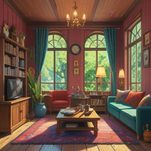 A serene scene of a cozy living room, soft sunlight filtering through the window, various essential oil bottles arranged artfully on a wooden table, a diffuser gently releasing aromatic mist, lush green plants in the background, a steaming cup of herbal tea, warm and inviting atmosphere, everyday moments enhanced by calming scents, 4k