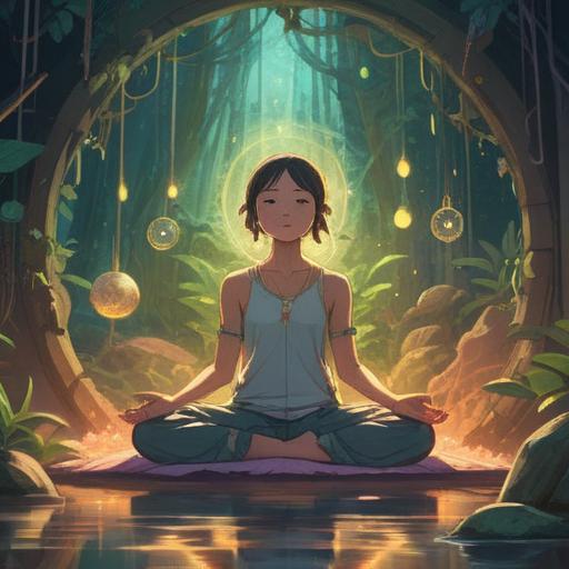 A serene and mystical illustration of a person meditating under a radiant light, gentle rays shining down from above, surrounded by ethereal symbols of spirituality, a lush forest in the background, vibrant colors, a sense of peace and enlightenment, expressive facial features, harmonious atmosphere, 4k