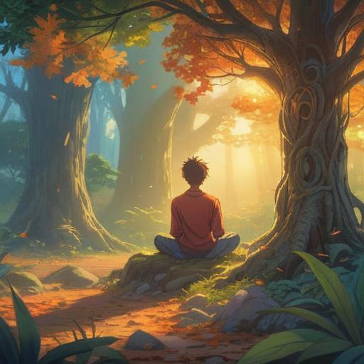 A serene and introspective scene depicting a person meditating under a tree, soft sunlight filtering through the leaves, a subtle aura surrounding the person's head, symbols representing spiritual awareness floating in the air, peaceful expression, lush greenery in the background, an atmosphere of tranquility and mindfulness, detailed character design, 4k