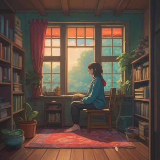 A serene and calming scene depicting a person sitting in a cozy room, surrounded by soothing essential oils, soft light filtering through the window, a peaceful expression on their face, holding a bottle of lucky aromatherapy oil, gentle steam rising, calming plants in the background, emphasizing relaxation and relief, 4k