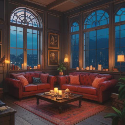 A serene illustration of a cozy room filled with aromatic candles and essential oil diffusers, soft light streaming through the windows, relaxing atmosphere, soothing colors, a person meditating with a tranquil expression, plants and calming decor surrounding them, peaceful mood, 4k