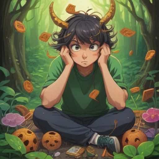 A whimsical illustration depicting a person scratching their head thoughtfully, surrounded by lucky items such as a four-leaf clover, a horseshoe, a rabbit's foot, and shimmering stars, playful colors, enchanting atmosphere, softly glowing light, charming details, captures the concept of good luck and curiosity, 4k