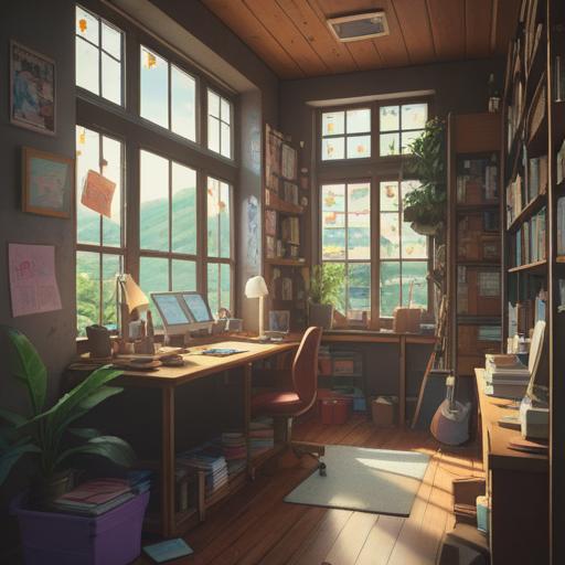 A serene workspace filled with organized notes and colorful sticky notes, a person happily summarizing thoughts, natural light streaming through a window, a cup of coffee on the desk, engaging atmosphere, harmonious balance between productivity and creativity, modern design elements, vibrant colors, 4k