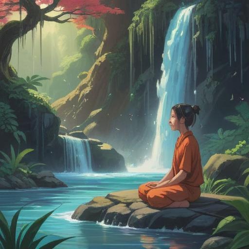 A serene and introspective scene depicting a person meditating under a gentle waterfall, beads of sweat forming on their forehead, symbolizing the release of stress and emotional burdens, lush green surroundings, tranquil atmosphere, soft sunlight filtering through the trees, spiritual harmony, 4k