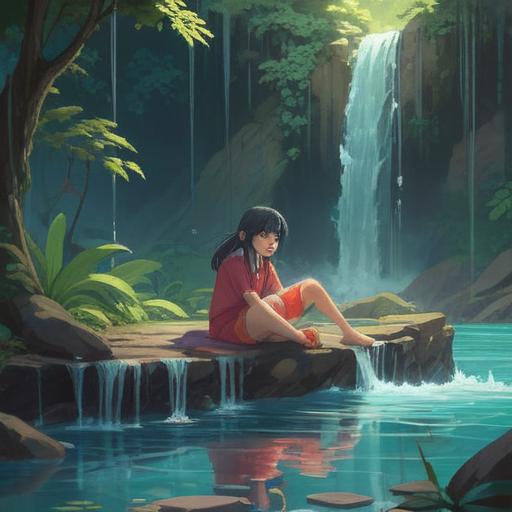 A serene and meditative scene, a person sitting cross-legged under a gentle waterfall, beads of sweat glisten on their forehead, surrounded by lush greenery, sunlight filtering through leaves, a sense of tranquility and spiritual awakening, soft focus, warm colors, ethereal lighting, 4k