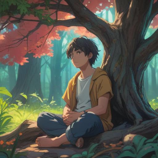 A serene and mystical scene, a person sitting in meditation under a radiant tree, sweat glistening on their forehead, surrounded by ethereal light, symbolic representations of spiritual signs like butterflies and crystals, a calming aura, soft, harmonious colors, 4k