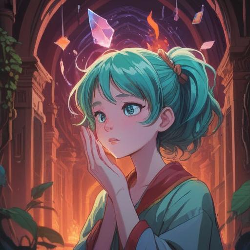 A surreal illustration depicting a person gently touching their forehead against a glowing crystal, ethereal light emanating from the contact point, surrounded by floating symbols and wisps of energy, conveying a sense of spiritual awakening and heightened awareness, tranquil environment, mystical aura, 4k