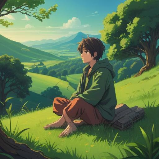 A serene and mystical landscape, a person sitting cross-legged on a lush green hill, eyes closed in meditation, a soft glow surrounding their head, gentle breeze rustling the grass, ethereal light filtering through the trees, symbols of spiritual enlightenment in the air, calming atmosphere, vibrant colors, 4k