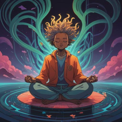 A serene illustration of a person sitting in meditation, with colorful energy waves around their head, symbols of spiritual awareness floating in the air, ethereal light illuminating the scene, calming nature background, peaceful expression, 4k