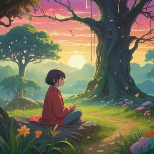 A mystical scene depicting vibrant musical notes flowing through a serene landscape, ethereal light illuminating the surroundings, characters meditating with joyful expressions, nature's beauty enhancing the spiritual vibe, harmonious colors blending together, imagery symbolizing positive signs and enlightenment, tranquil atmosphere, 4k