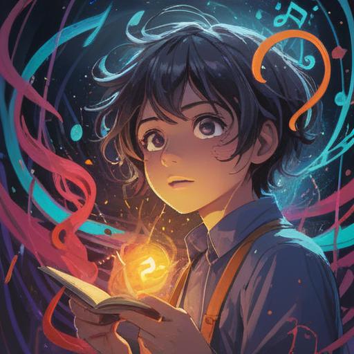 A surreal illustration depicting music notes swirling around a person's head, vibrant colors, ethereal light emanating from the notes, a serene expression on the person's face, mystical symbols floating in the air, nature elements intertwined, an aura of wisdom and intuition, spiritual guidance, 4k