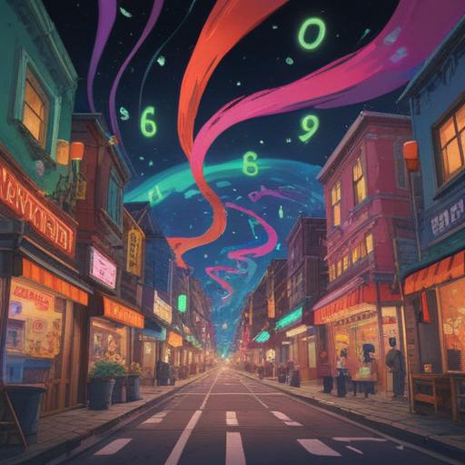 A vibrant and imaginative scene depicting the concept of lucky numbers resonating in a person's mind after hearing music, swirling colorful musical notes, a dreamy aura surrounding a person deep in thought, soft light illuminating their face, hints of glowing numbers floating in the air, whimsical background with abstract patterns, enchanting atmosphere, 4k