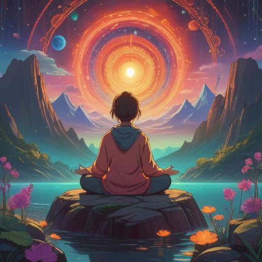 A serene landscape featuring a person meditating under a vibrant, colorful aurora, surrounded by glowing symbols of guidance and fortune, ethereal light radiating from their head, soft reflections on calm water, harmonious nature elements, peaceful ambiance, spiritual enlightenment, 4k