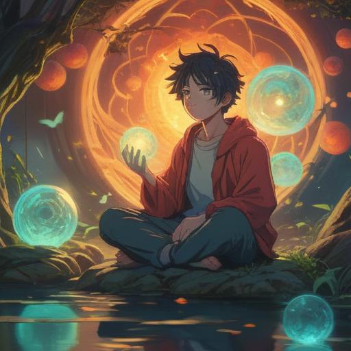 A serene and mystical illustration, a figure meditating surrounded by glowing orbs, soft light illuminating the scene, ethereal colors, a sense of calm and clarity, symbols of wisdom and healing, natural elements like flowers and water, peaceful atmosphere, 4k