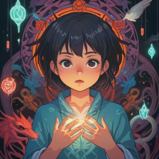 A mystical scene depicting a person holding their head in pain, surrounded by ethereal symbols representing spiritual awareness, soft glowing light illuminating the area, a calming aura, subtle hints of nature like flowers or trees in the background, conveying a sense of introspection, soft color palette, 4k