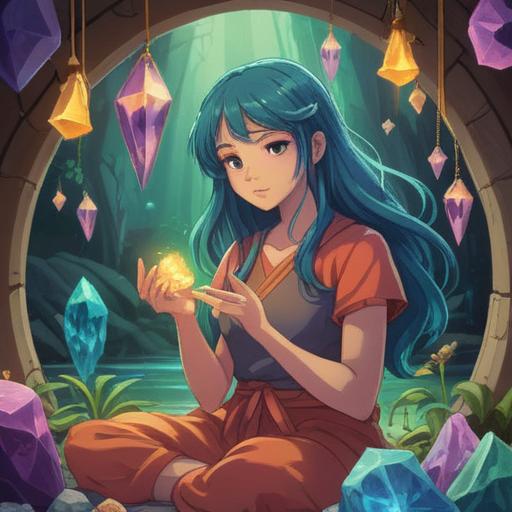 A serene scene depicting the power of crystals for emotional care and physical liberation, sparkling crystals radiating soothing light, a peaceful person meditating in nature, surrounded by lush greenery, soft sunlight filtering through the trees, tranquil water flowing nearby, harmonious energy emanating from the crystals, uplifting atmosphere, vibrant colors, 4k