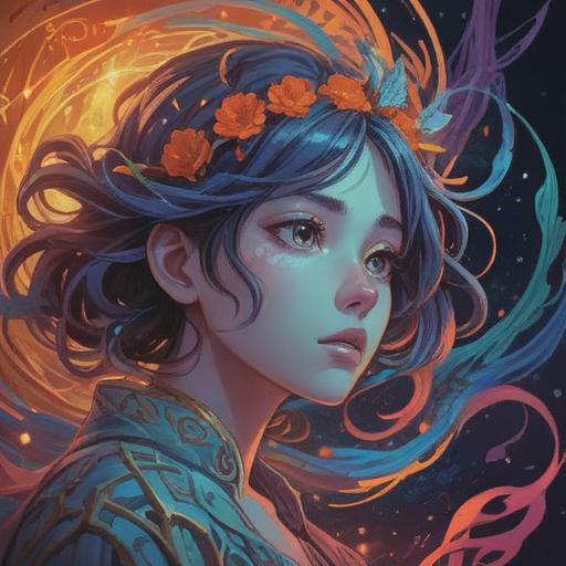 A captivating portrait of a woman surrounded by ethereal energy, intricate patterns representing her thoughts and emotions swirling around her head, a blend of nature and spirituality, vibrant colors symbolizing her inner strength, serene expression conveying deep wisdom, mystical elements like stars and celestial bodies, beautifully detailed background, sense of tranquility and enlightenment, 4k