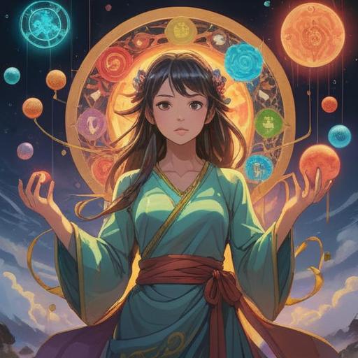 A spiritual woman radiating positive energy, surrounded by glowing symbols and light orbs, ethereal atmosphere, gentle aura, enchanting expressions, nature backdrop with vibrant flora, harmonious colors, mystical vibes, 4k