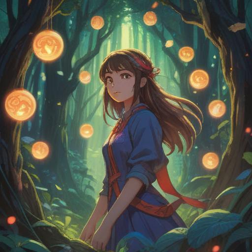 A mystical scene depicting a woman emerging surrounded by ethereal symbols, glowing light orbs, soft and vibrant colors, enchanting forest backdrop, spiritual aura, delicate petals falling, serene expression, wisdom and guidance, 4k