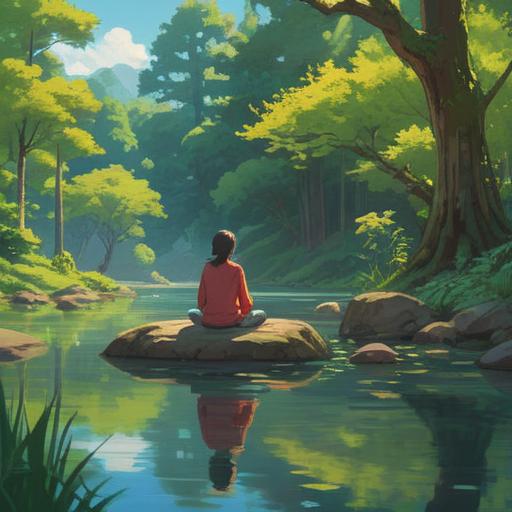 A serene landscape depicting an individual meditating by a peaceful lake, surrounded by lush greenery and gentle sunlight filtering through the trees, a feeling of tranquility and inner harmony, soft colors, calming atmosphere, ethereal light, spiritual symbols subtly integrated, 4k