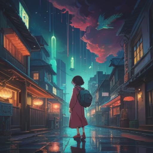 A spiritual interpretation of a song stuck in the mind, ethereal atmosphere, vibrant notes visually flowing through the air, a serene figure lost in thought, surrounded by swirling colors symbolizing emotions, musical symbols intertwining with light, a sense of introspection and connection to the universe, 4k