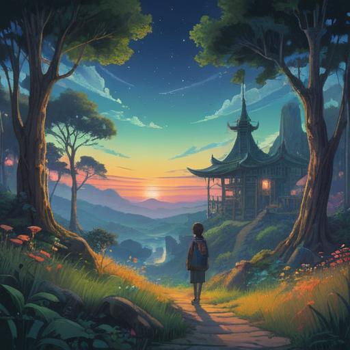 A serene landscape illustrating the concept of a song that lingers in one's mind, ethereal glow, symbolic elements representing spirituality, musical notes flowing like water, vibrant colors radiating positive energy, a peaceful figure meditating, harmonious nature around, uplifting atmosphere, 4k