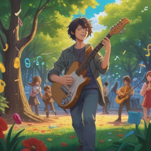 A vibrant scene of a musician playing a guitar in a sunlit park, surrounded by dancing notes and colorful musical symbols, people smiling and enjoying the music, a feeling of joy and positivity in the air, lush greenery, bright blue sky, an atmosphere of happiness and inspiration, 4k