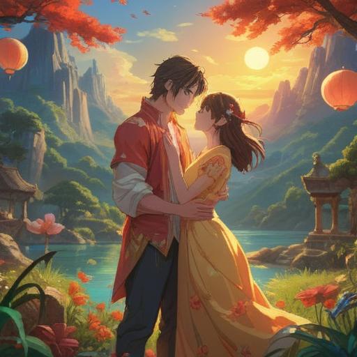 A serene and captivating scene depicting a married couple in a harmonious environment, subtle spiritual symbols in the background, warm sunlight filtering through trees, gentle expressions conveying deep connection, ethereal quality, colorful flowers symbolizing love and attraction, peaceful atmosphere, 4k