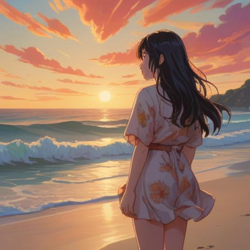 A serene and introspective scene depicting a person gazing at the ocean at sunset, soft waves lapping at the shore, a subtle aura of light surrounding them, symbols of love and commitment represented by intertwined rings in the sand, ethereal light breaking through the clouds, calming atmosphere, deep emotional resonance, reflective expression, 4k