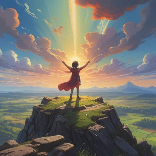 A serene landscape depicting a person standing on a hilltop, arms outstretched towards the sky, soft rays of sunlight breaking through clouds, vivid colors representing emotions, flowing river symbolizing release and freedom, lush greenery surrounding, a sense of peace and tranquility, 4k