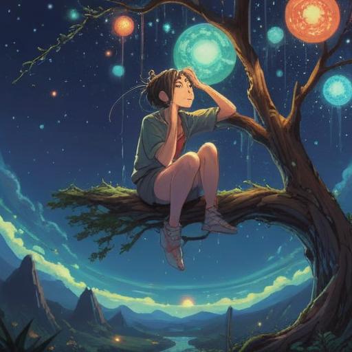 A serene and mystical illustration depicting a person scratching their head under a tranquil, starry sky, surrounded by soft glowing orbs representing spiritual energy, a peaceful forest in the background, subtle light emanating from nature, symbols of insight and awakening floating around, calming colors, ethereal atmosphere, 4k