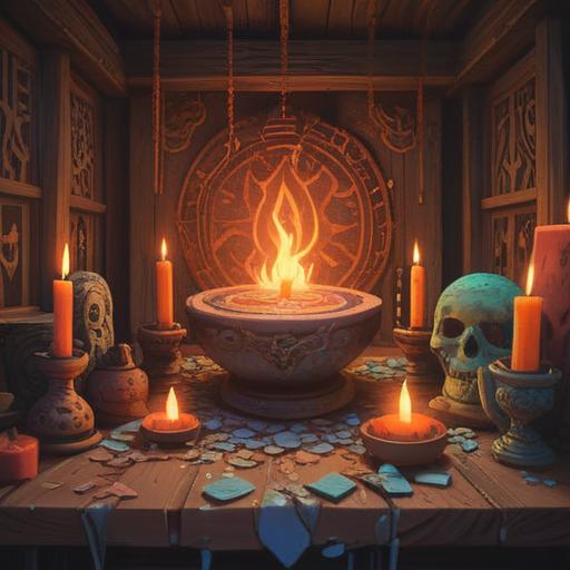 A shattered pottery piece lying on a wooden altar, glowing softly, intricate cracks revealing ancient symbols, surrounded by candles and incense, serene atmosphere, representing spiritual transformation and renewal, nature elements such as leaves and flowers, evoking a sense of peace and contemplation, 4k