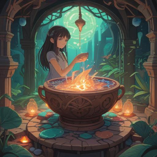 A serene and ethereal illustration of a shattered pottery piece, emanating a gentle glow, surrounded by mystical symbols and soft light, representing spiritual awakening, tranquil nature background, vibrant colors, calm atmosphere, inviting energy, detailed textures, 4k