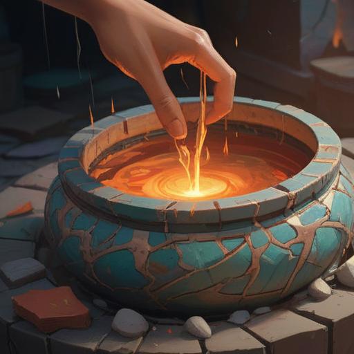 A cracked pottery piece, symbolizing a spiritual warning, intricate details of the cracks, soft lighting highlighting the texture, an ethereal aura surrounding the pottery, mystical symbols faintly visible on the surface, serene natural background, hint of mystery, 4k