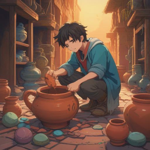 A scene depicting a person discovering a broken pottery piece, a sense of serendipity in the air, the character smiling as they notice a shining lucky charm hidden within the shards, vibrant colors, whimsical atmosphere, intricate details of the pottery fragments, soft sunlight filtering through a window, hopeful expressions, a feeling of newfound luck, 4k