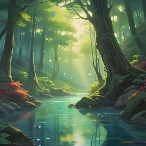 A serene landscape with a clear, sparkling river flowing through a lush forest, ethereal light filtering through the trees, symbolizing clarity and insight, peaceful atmosphere, gentle colors, harmony with nature, spiritual awakening, uplifting energy, 4k