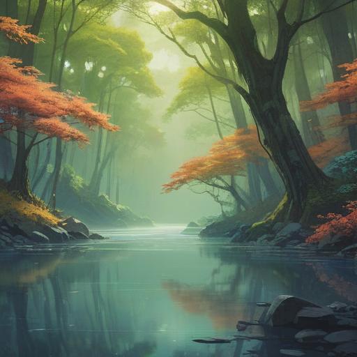 A serene landscape representing the feeling of wanting to escape, ethereal light shining through trees, a tranquil river flowing, soft mist enveloping the surroundings, symbols of freedom scattered throughout, a person meditating in nature, conveying peace and introspection, soothing color palette, dreamlike atmosphere, 4k
