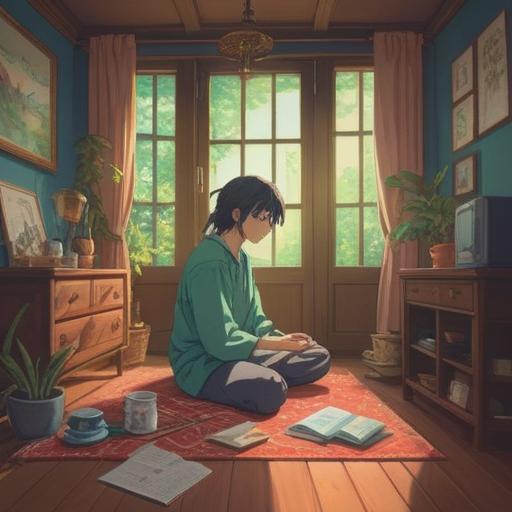 A serene and calming illustration of a peaceful morning routine, a person practicing meditation in a quiet room filled with natural light, a cup of calming herbal tea on a table, soft music notes floating in the air, plants placed around for a touch of nature, a notebook with a to-do list for self-care activities, gentle color palette, soothing atmosphere, 4k