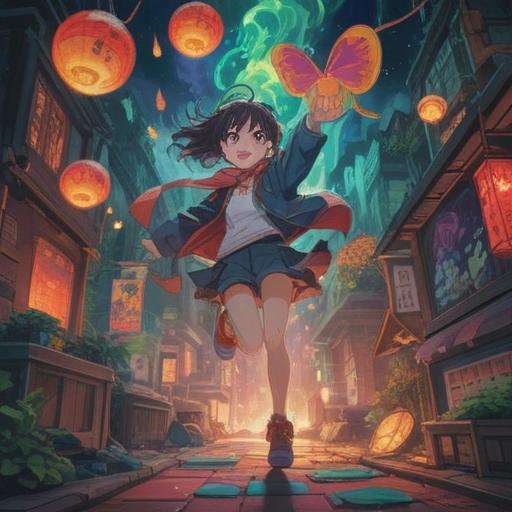 A day of bad luck turned around by a lucky action, a person taking a leap of joy, vibrant colors radiating positivity, a sun breaking through clouds, a four-leaf clover in hand, whimsical elements surrounding, cheerful expressions, dynamic motion, inspiring scene, bright atmosphere